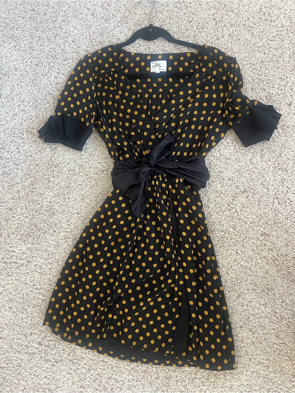 Milly Black Mini Wrap Dress with Mustard Polka Dots
